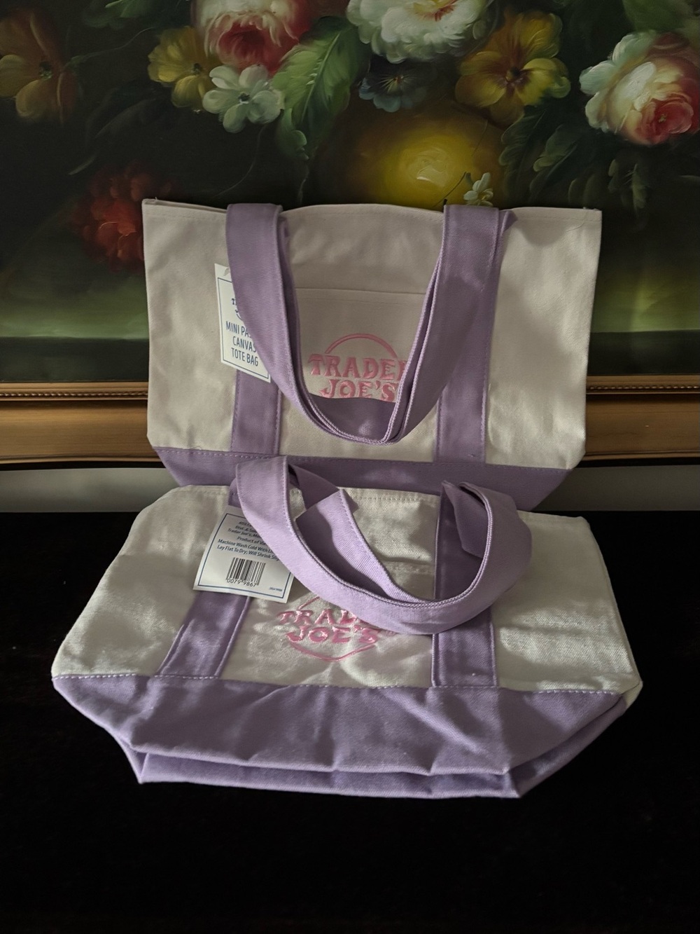 NWT Trader Joe's 2 Mini Reusable Canvas Cotton Tote Bags purple